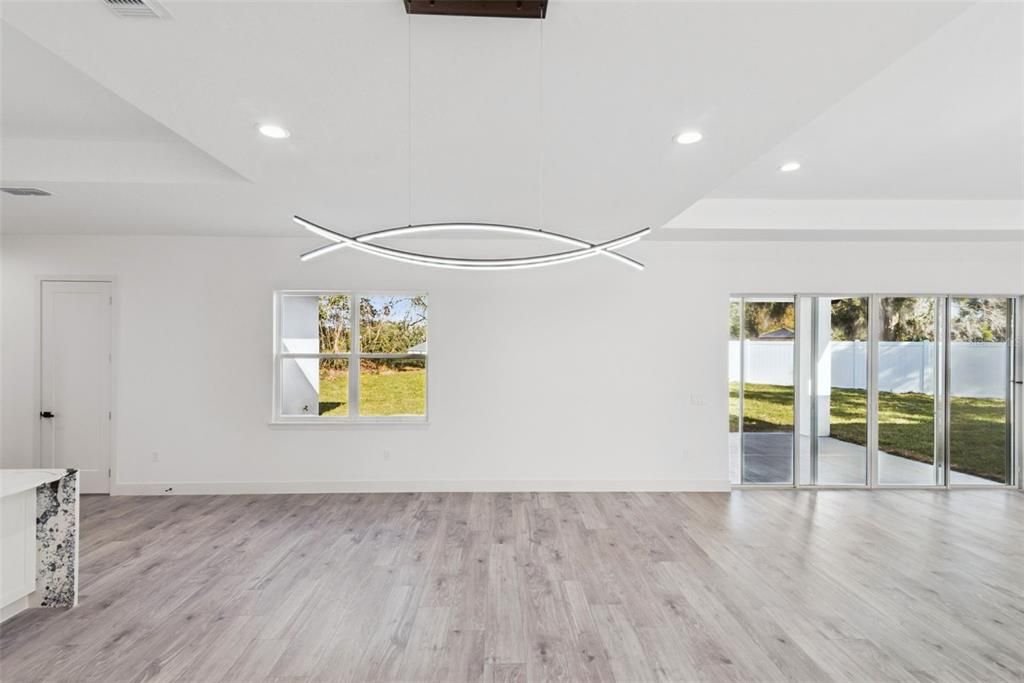 Empty room, Interior, Pendant Lights, Recessed Lighting, Wood Texture Flooring
