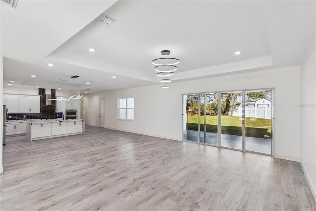 Empty room, Interior, Kitchen, Pendant Lights, Recessed Lighting, Wood Texture Flooring