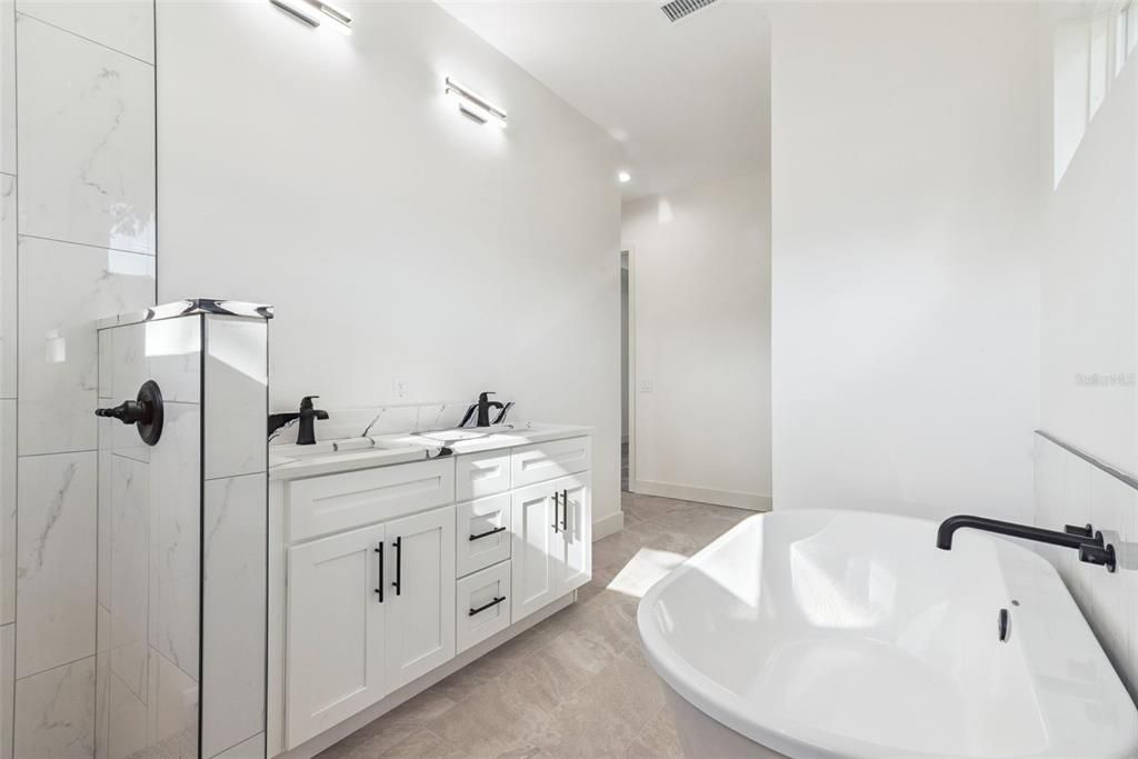 Bathroom, Dual Sink Vanities, Free Standing Baths, Interior, Marble Walls