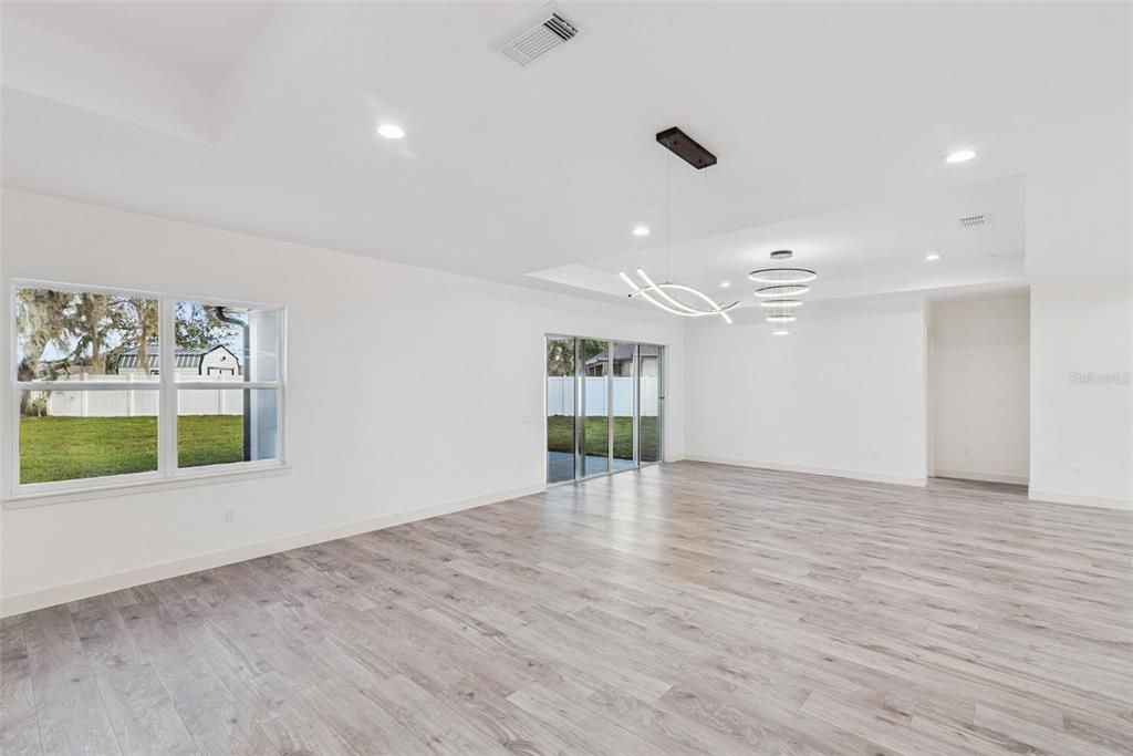 Empty room, Interior, Pendant Lights, Recessed Lighting, Wood Texture Flooring