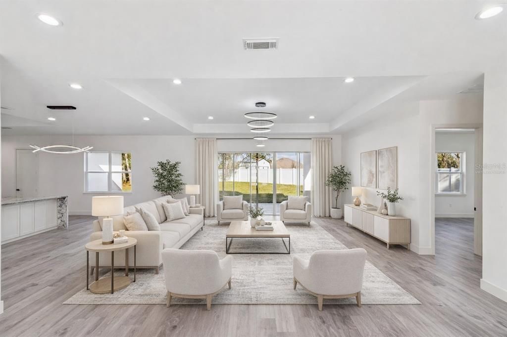 Interior, Living room, Pendant Lights, Recessed Lighting, Wood Texture Flooring