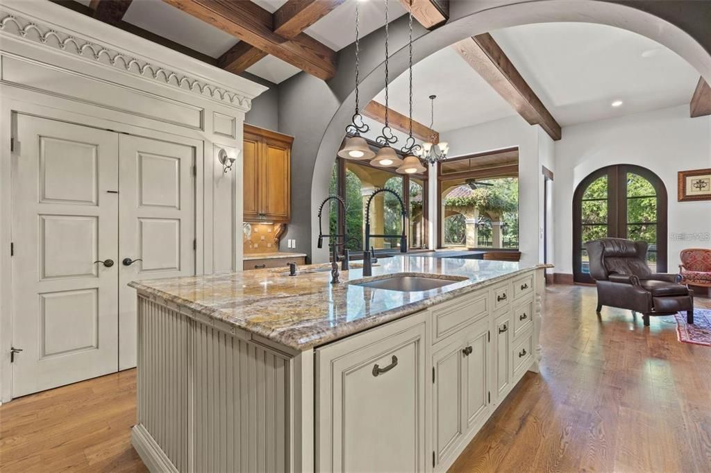 Interior, Kitchen, Pendant Lights, Recessed Lighting, Wooden Beams, Wood Texture Flooring