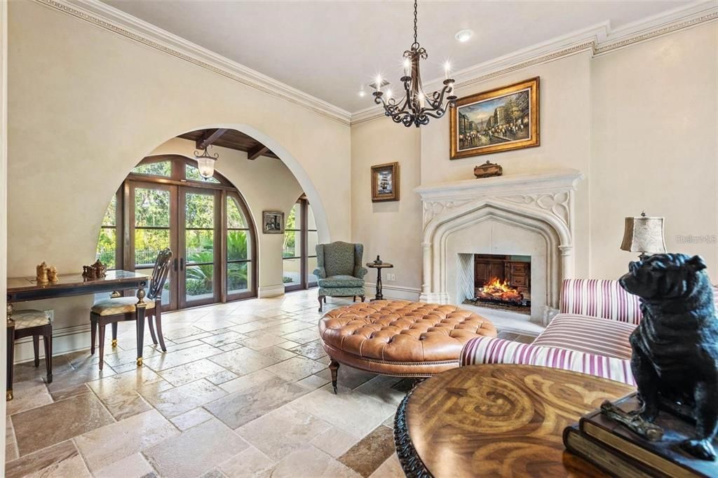 Chandelier, Dining room, Fireplace, Interior, Recessed Lighting