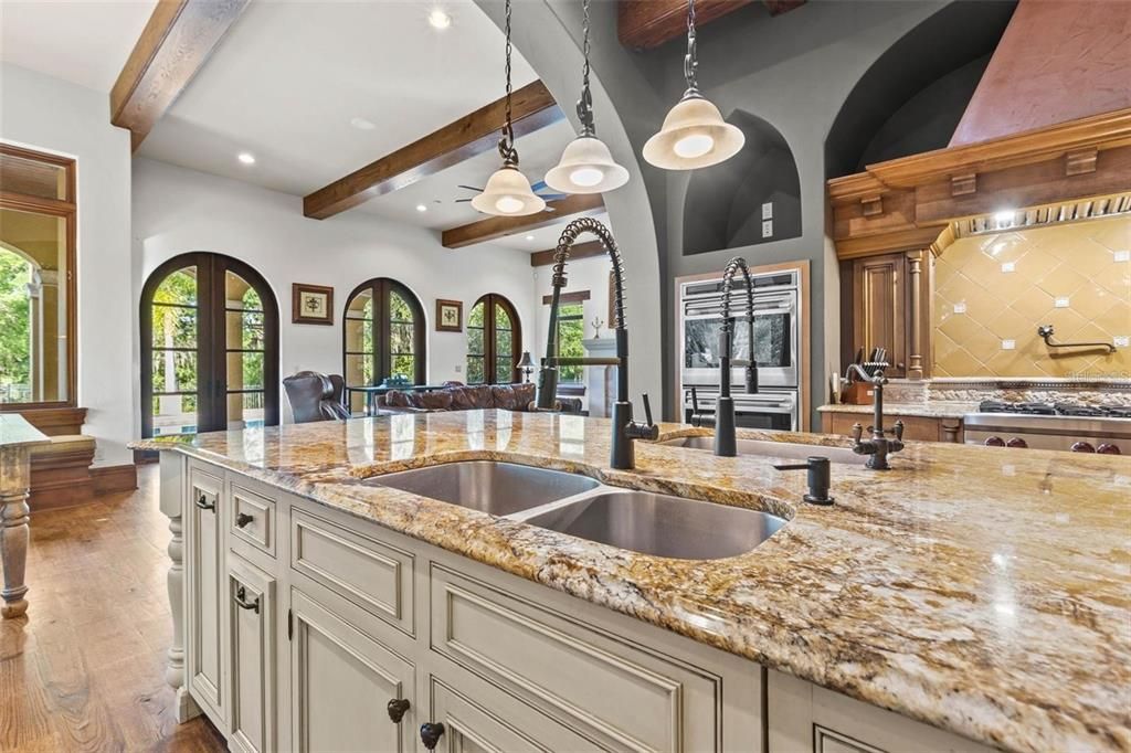Interior, Kitchen, Pendant Lights, Recessed Lighting, Wooden Beams, Wood Texture Flooring