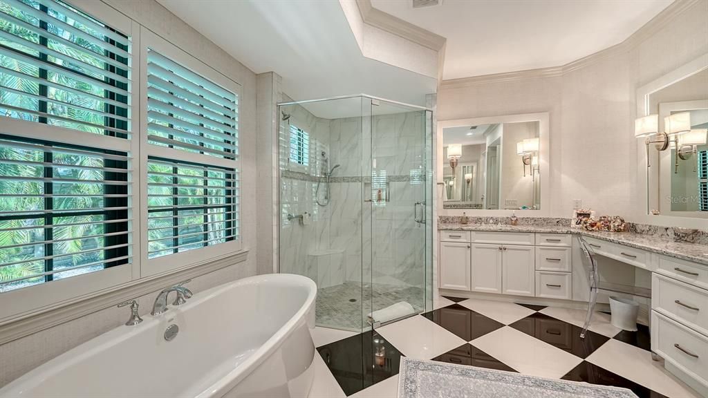 Bathroom, Dual Sink Vanities, Free Standing Baths, Glass Shower, Interior, Marble Walls