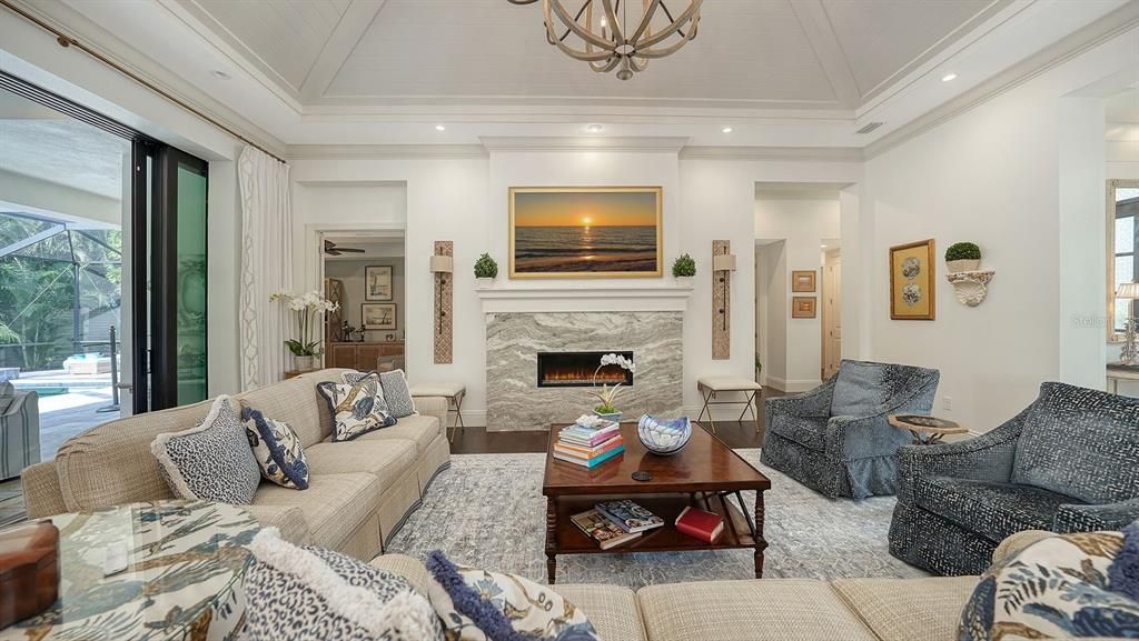 Chandelier, Fireplace, Interior, Living room, Recessed Lighting