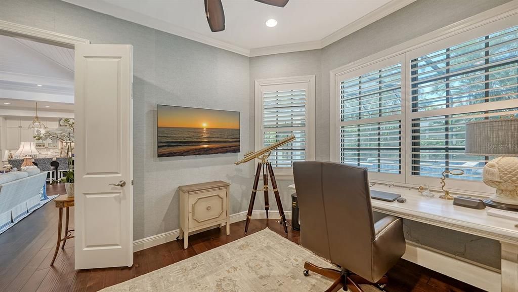 Home Office, Interior, Pendant Lights, Recessed Lighting, Wood Texture Flooring