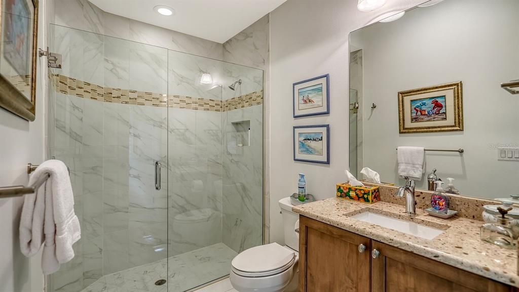 Bathroom, Glass Shower, Interior, Marble Walls, Recessed Lighting