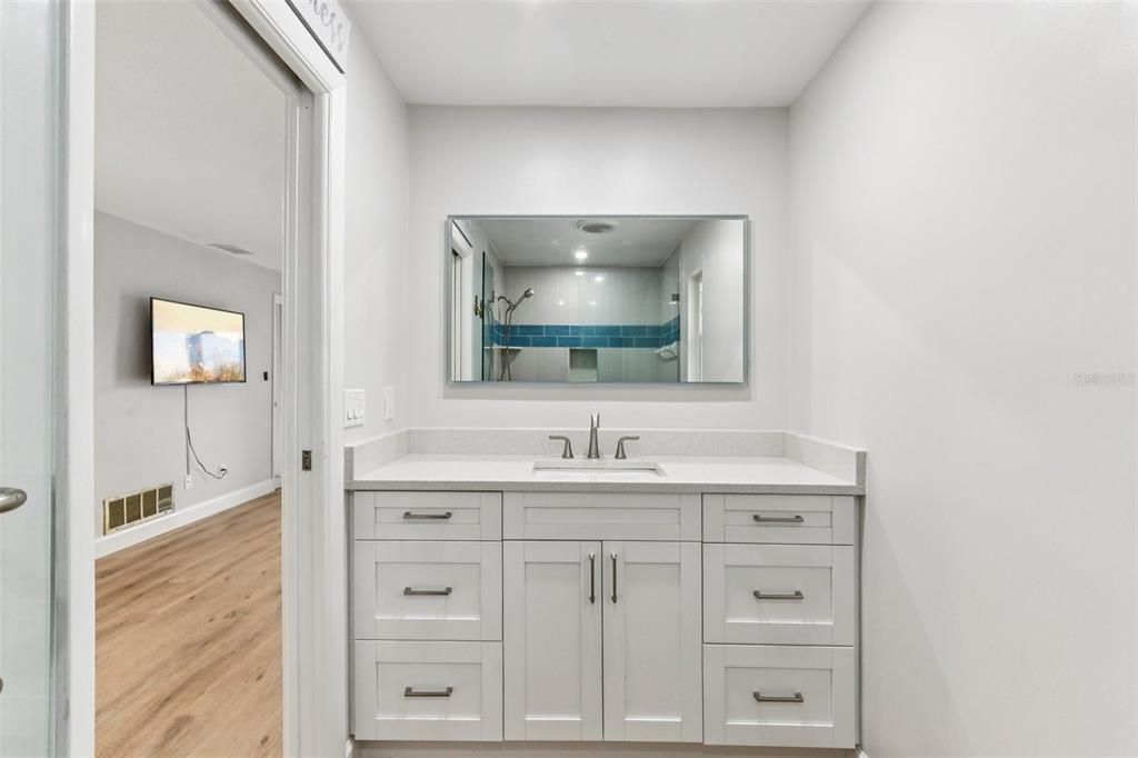 Bathroom, Interior, Recessed Lighting, Wood Texture Flooring