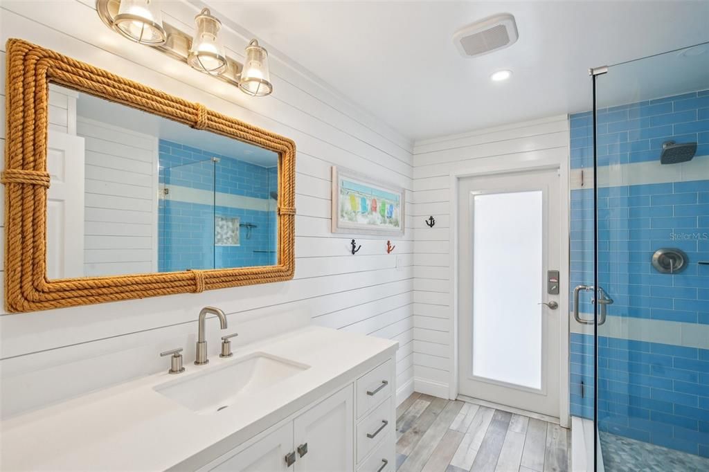 Bathroom, Glass Shower, Interior, Recessed Lighting, Wood Texture Flooring