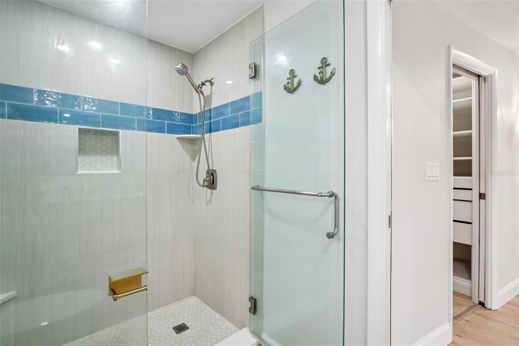 Bathroom, Glass Shower, Interior, Wood Texture Flooring