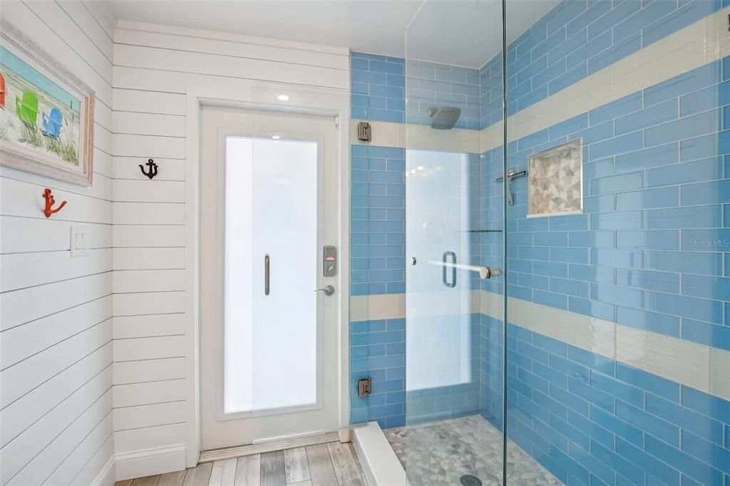 Bathroom, Glass Shower, Interior, Wood Texture Flooring