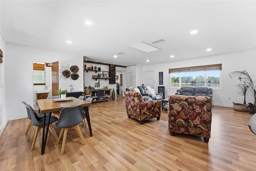 Dining room, Interior, Living room, Recessed Lighting, Wood Texture Flooring