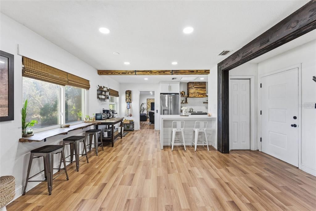 Interior, Kitchen, Recessed Lighting, Stainless Steel Appliances, Wooden Beams, Wood Texture Flooring