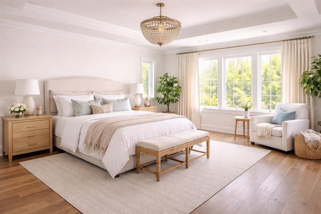 Bedroom, Chandelier, Interior, Pendant Lights, Recessed Lighting, Wood Texture Flooring