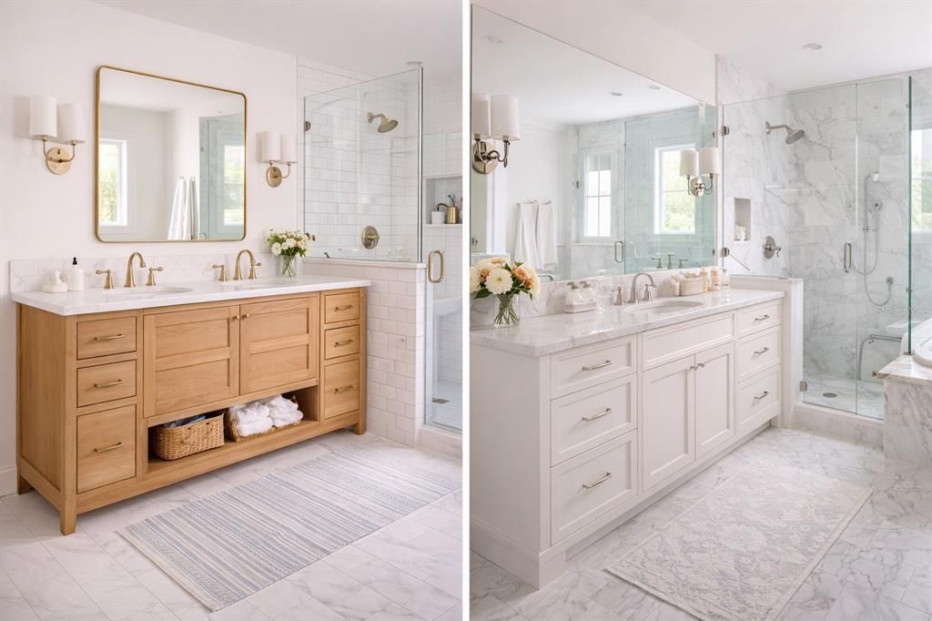 Bathroom, Dual Sink Vanities, Glass Shower, Interior, Marble, Marble Walls, Recessed Lighting