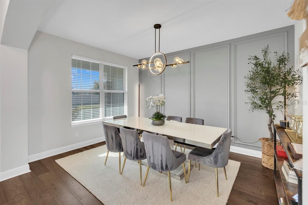 Dining room, Interior, Pendant Lights, Wood Texture Flooring