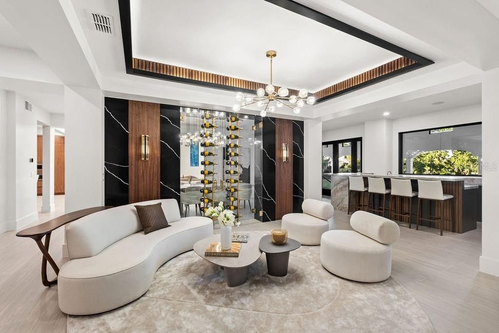 Interior, Living room, Pendant Lights, Recessed Lighting, Wine Storage