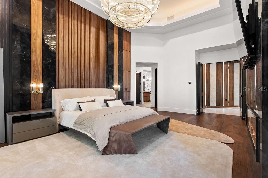 Bedroom, Chandelier, Interior, Wood Texture Flooring
