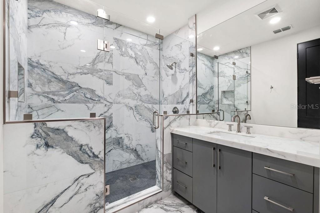 Bathroom, Glass Shower, Interior, Marble, Marble Walls, Recessed Lighting