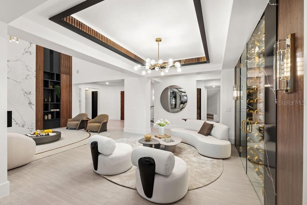 Interior, Living room, Marble Walls, Pendant Lights, Recessed Lighting, Wood Texture Flooring