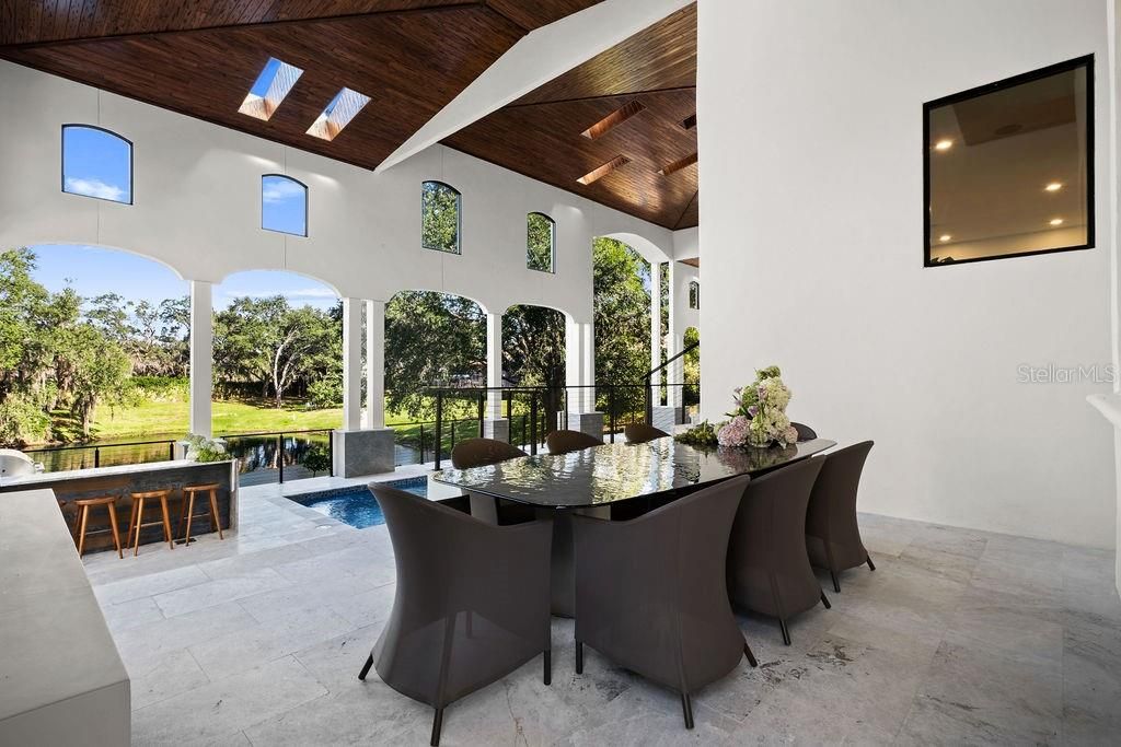 Dining room, Interior, Pool, Recessed Lighting, Wooden Beams, Wooden Ceilings