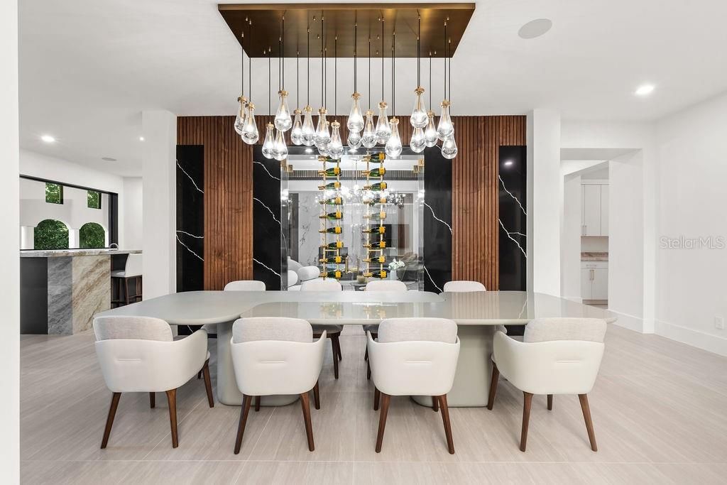 Dining room, Interior, Pendant Lights, Recessed Lighting, Wood Texture Flooring