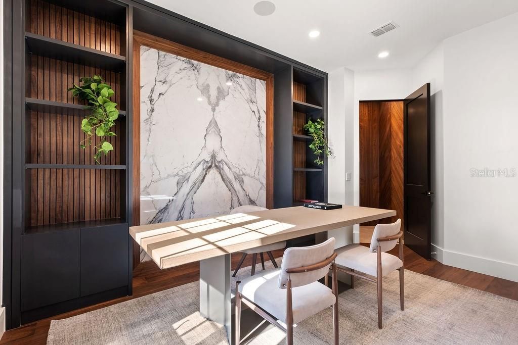 Home Office, Interior, Marble Walls, Recessed Lighting, Wood Texture Flooring