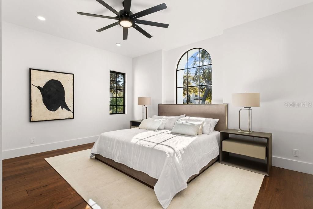 Bedroom, Interior, Recessed Lighting, Wood Texture Flooring