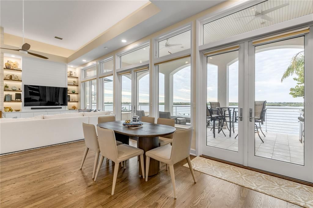 Dining room, Interior, Living room, Recessed Lighting, Water, Wood Texture Flooring