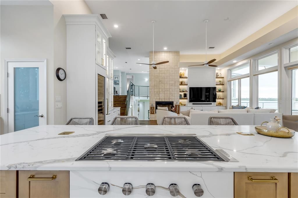 Dining room, Fireplace, Interior, Kitchen, Living room, Pendant Lights, Recessed Lighting, Water