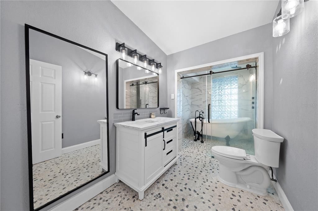Bathroom, Dual Sink Vanities, Glass Shower, Interior, Marble Walls