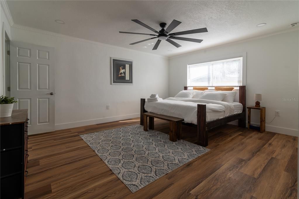 Bedroom, Interior, Recessed Lighting, Wood Texture Flooring