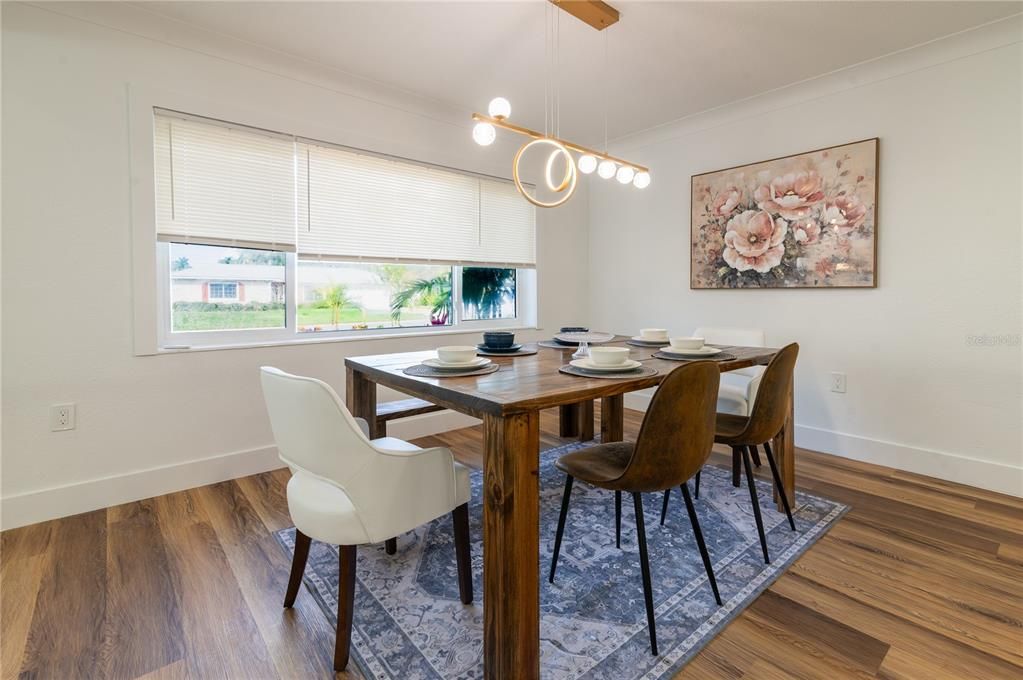 Dining room, Interior, Pendant Lights, Wood Texture Flooring