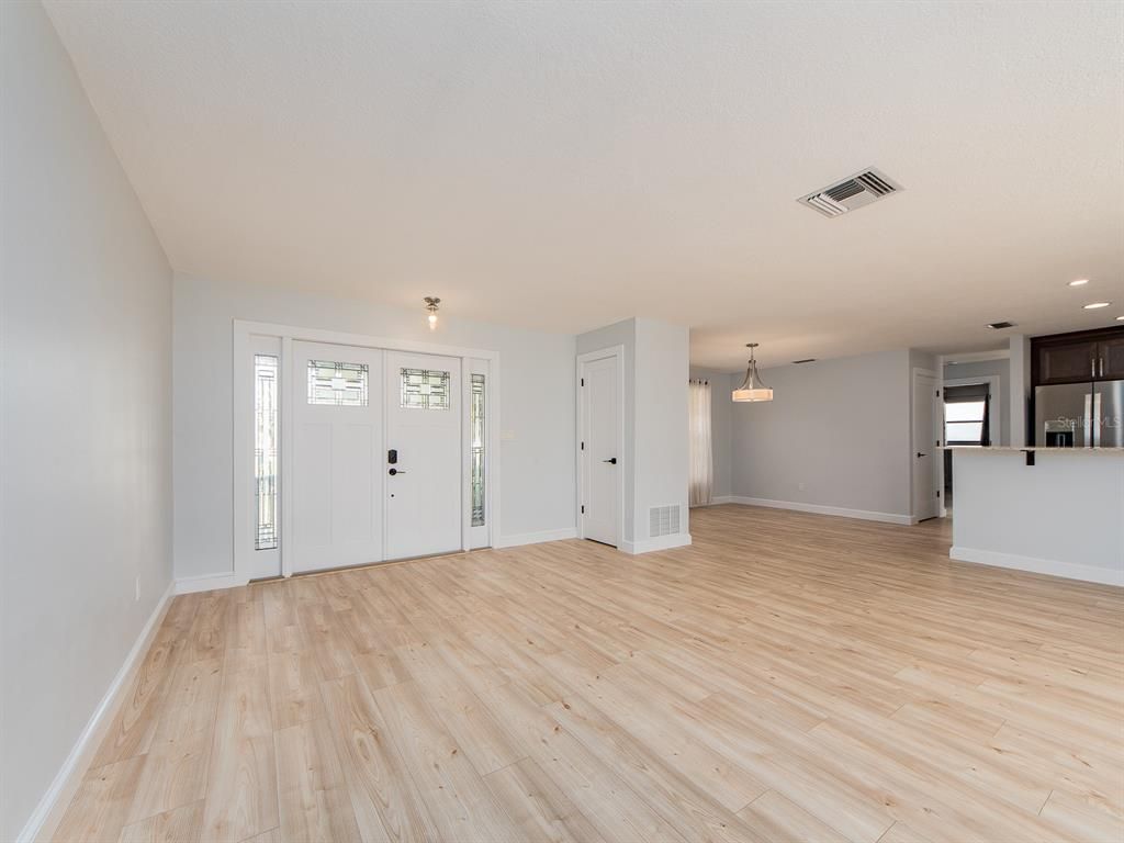 Empty room, Interior, Kitchen, Pendant Lights, Recessed Lighting, Wood Texture Flooring