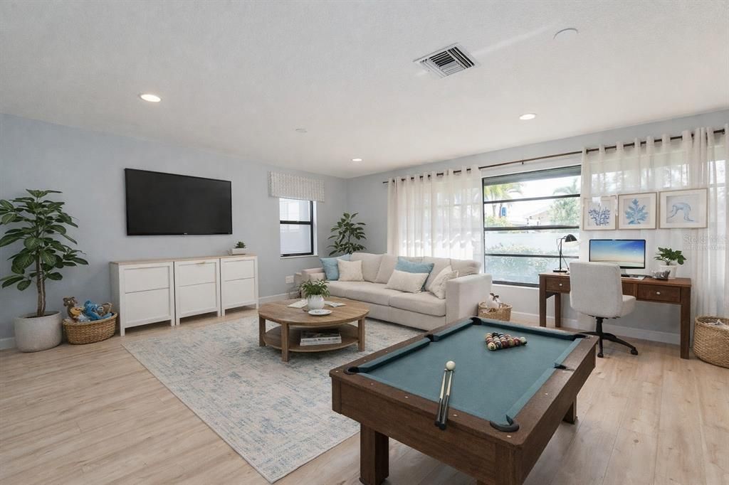 Billiard Table, Game Room, Home Office, Interior, Living room, Recessed Lighting, Wood Texture Flooring