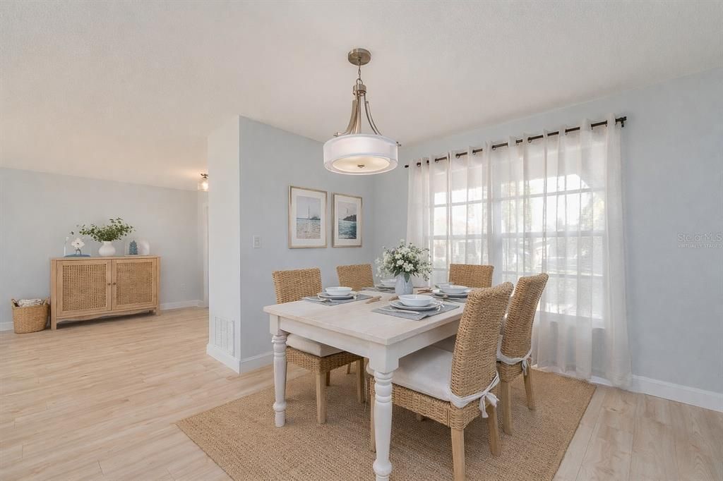 Dining room, Interior, Pendant Lights, Wood Texture Flooring