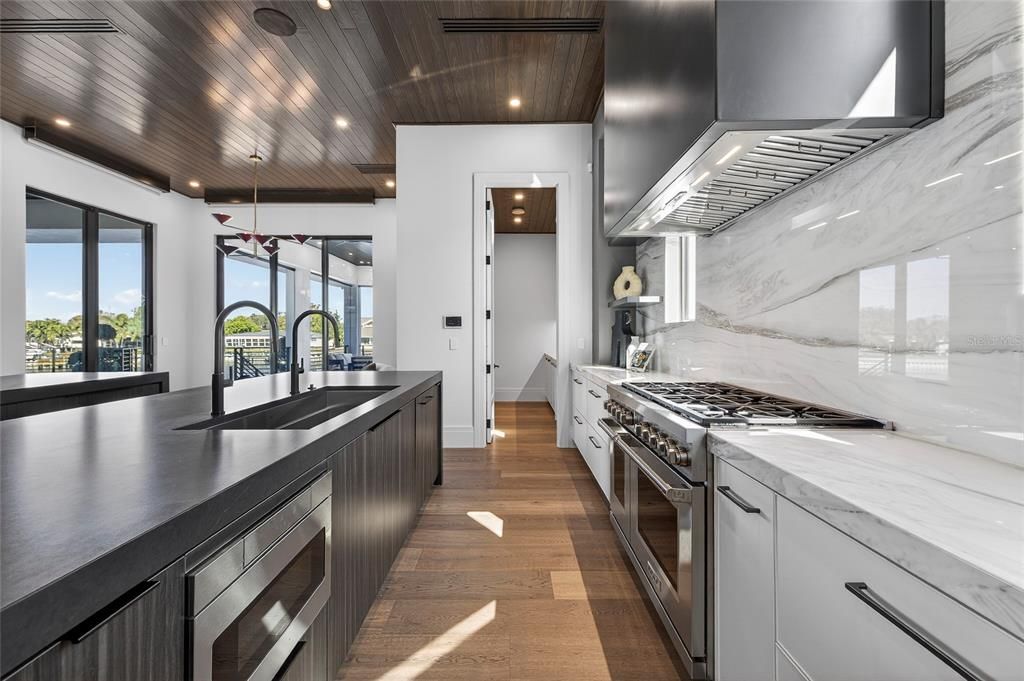 Interior, Kitchen, Marble Walls, Recessed Lighting, Stainless Steel Appliances, Wooden Ceilings, Wood Texture Flooring