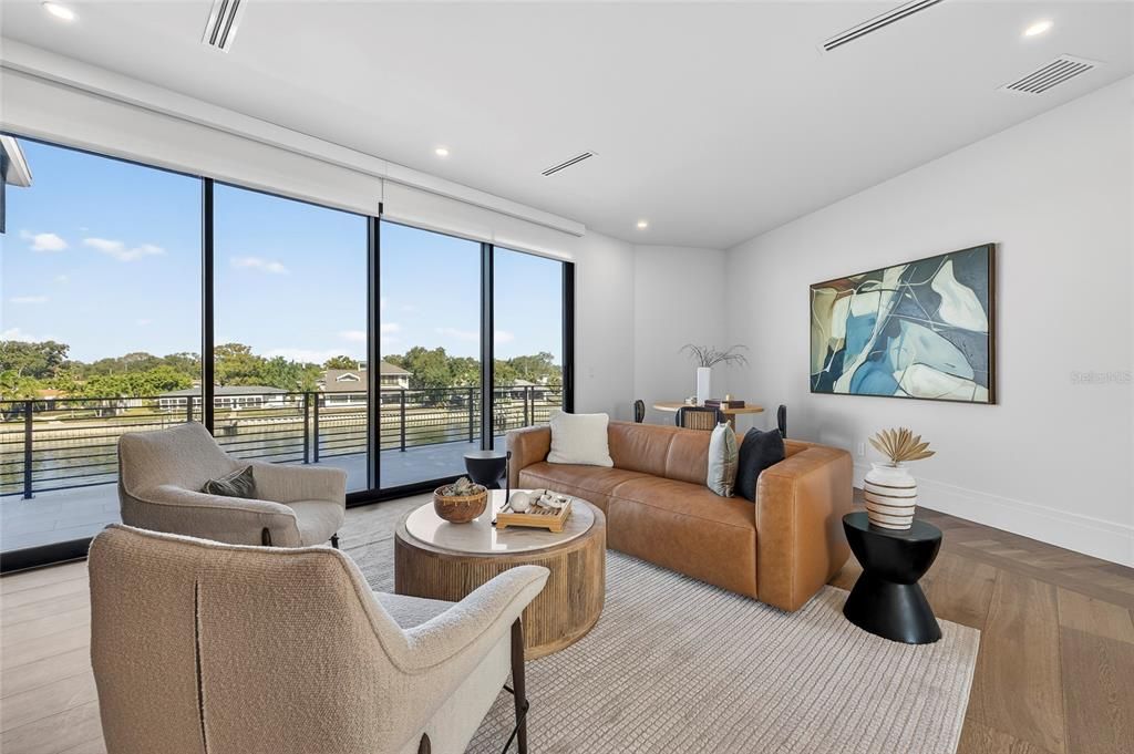 Interior, Living room, Recessed Lighting, Water, Wood Texture Flooring