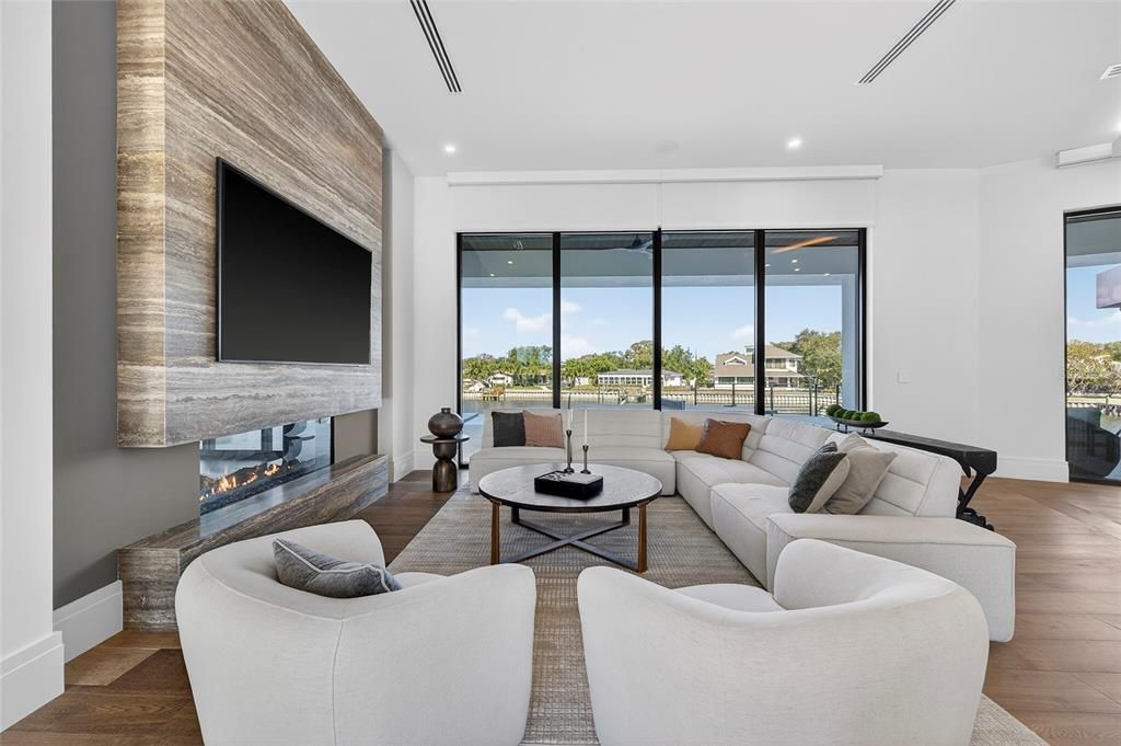 Fireplace, Interior, Living room, Recessed Lighting, Wood Texture Flooring