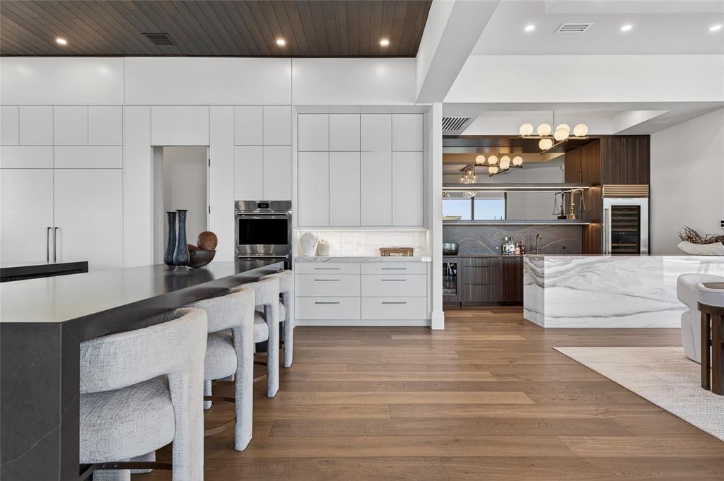 Interior, Kitchen, Recessed Lighting, Stainless Steel Appliances, Wooden Ceilings, Wood Texture Flooring