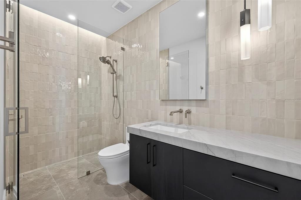 Bathroom, Glass Shower, Interior, Recessed Lighting