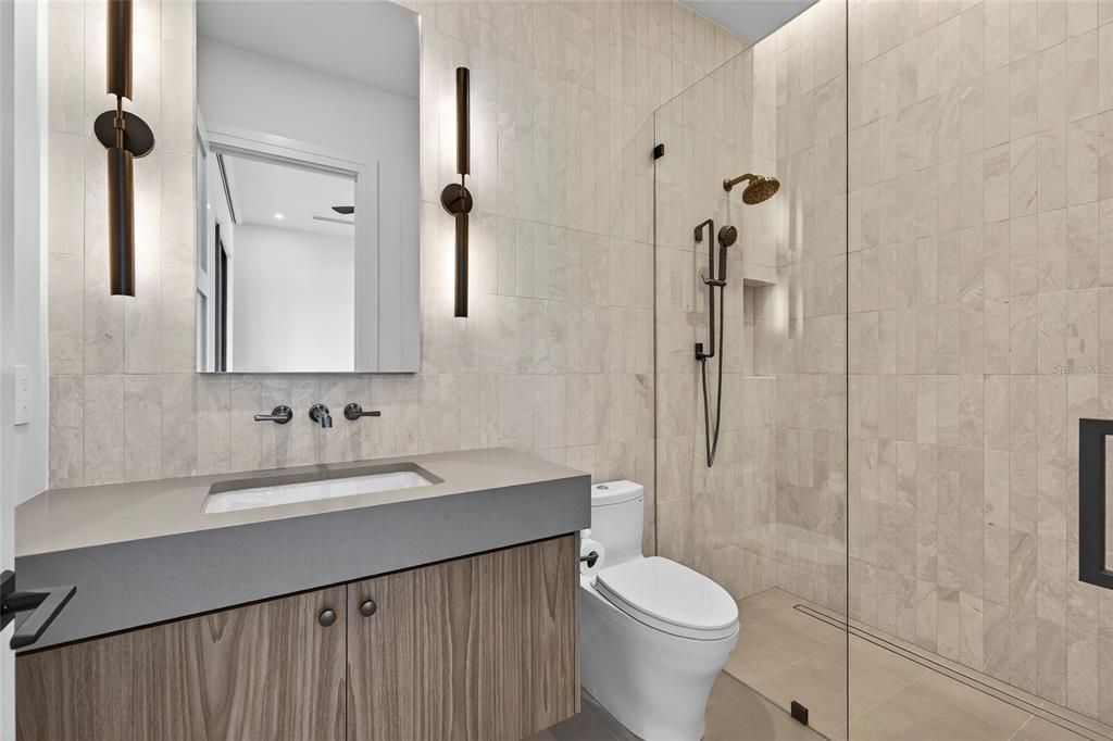 Bathroom, Glass Shower, Interior, Recessed Lighting