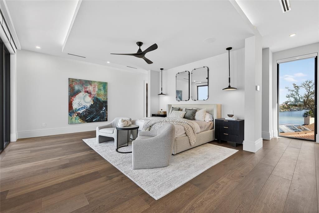 Bedroom, Interior, Pendant Lights, Recessed Lighting, Water, Wood Texture Flooring