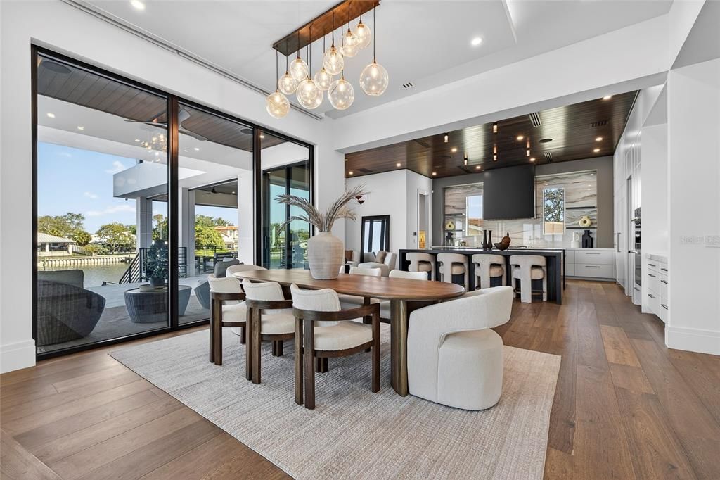 Dining room, Interior, Pendant Lights, Recessed Lighting, Wood Texture Flooring