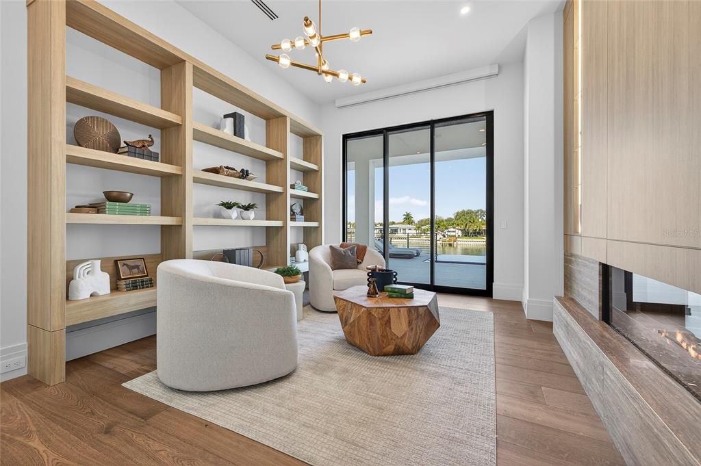 Fireplace, Interior, Living room, Pendant Lights, Recessed Lighting, Wood Texture Flooring