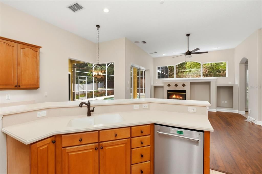 Fireplace, Interior, Kitchen, Pendant Lights, Recessed Lighting, Stainless Steel Appliances, Wood Texture Flooring