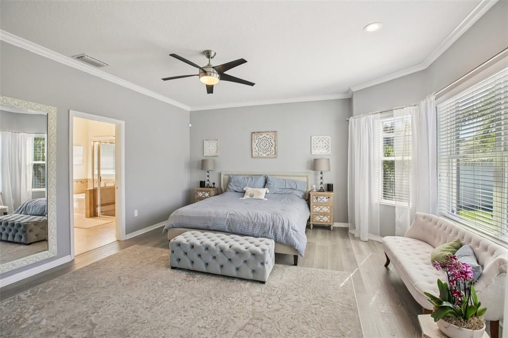 Bedroom, Interior, Recessed Lighting, Wood Texture Flooring