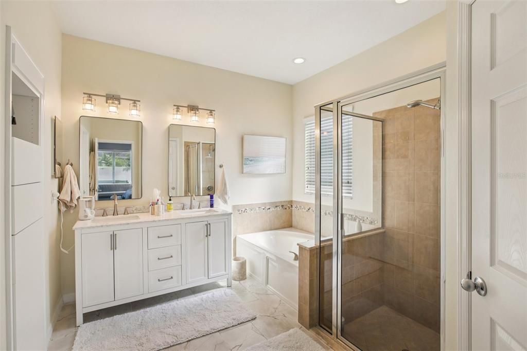 Bathroom, Dual Sink Vanities, Glass Shower, Interior, Marble, Recessed Lighting