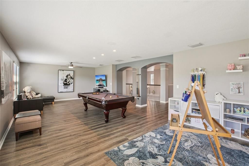 Billiard Table, Game Room, Interior, Recessed Lighting, Wood Texture Flooring